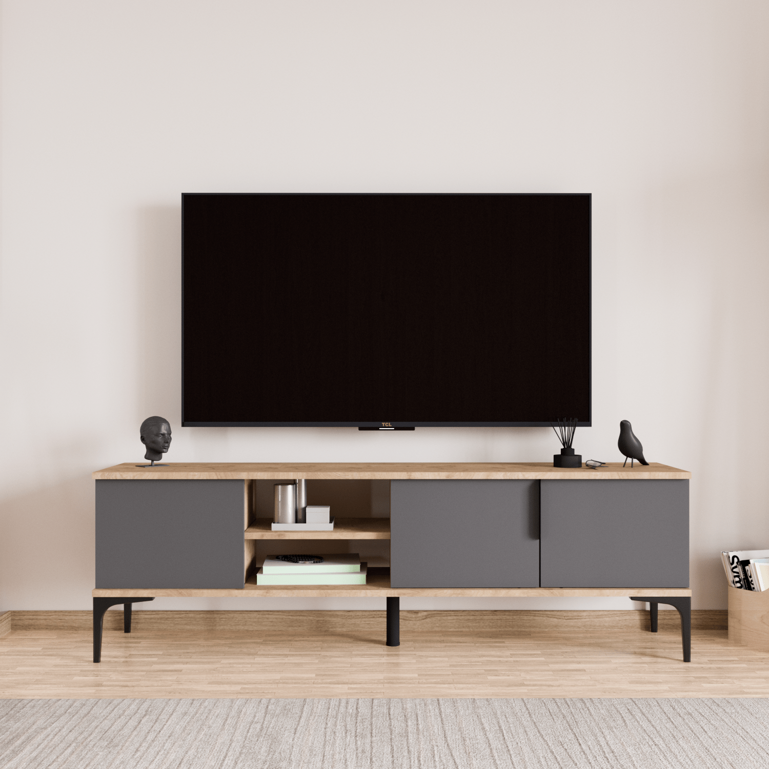 Tarz Tv Ünitesi , Raflı Tv Sehpası , 180 Cm Tv Konsolu, Ekonomik T V Ünitesi (FULL ANTRASİT)