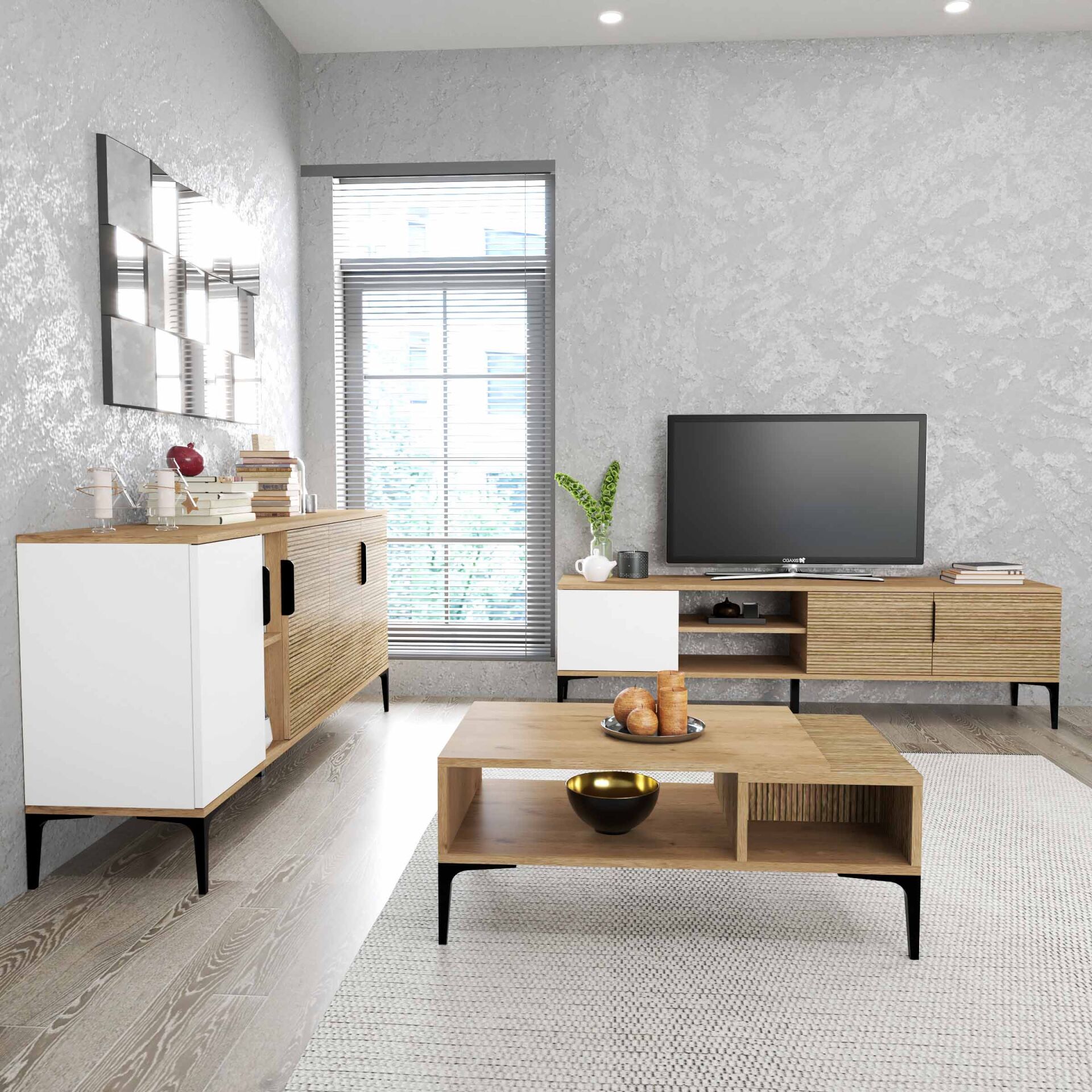 Tarz Beyaz-yunus, 150 Cm Tv Ünitesi, Tv Sehpası, Raflı Tv Ünitesi Konsol, Modern Tv Ünitesi