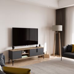 Tarz (FULL ANTRASİT) , 150 Cm Tv Ünitesi , Tv Sehpası ,raflı Tv Ünitesi Konsol, Modern Tv Ünitesi