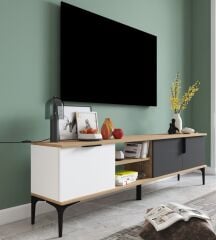 Mobilya Tarz Tv Ünitesi , Raflı Tv Sehpası , 180 Cm Tv Ünitesi Konsol ( Beyaz-antrasit)