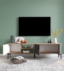 Mobilya Tarz Tv Ünitesi , Raflı Tv Sehpası , 180 Cm Tv Ünitesi Konsol ( Beyaz-antrasit)