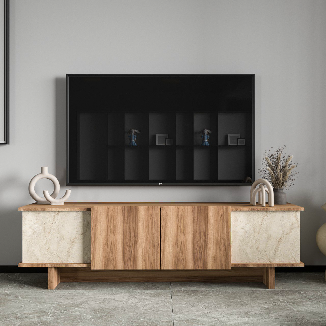 Diana 180 Cm Tv Ünitesi, Ceviz-mermer Desenli Tv Ünitesi, Modüler Ünite, Ekonomik Tv Ünitesi