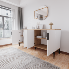 Mobilya Tarz Beyaz Konsol 4 Kapaklı, Raflı , 180 Cm , Yemek Odası , Ofis, Salon Ünite (FULL BEYAZ)