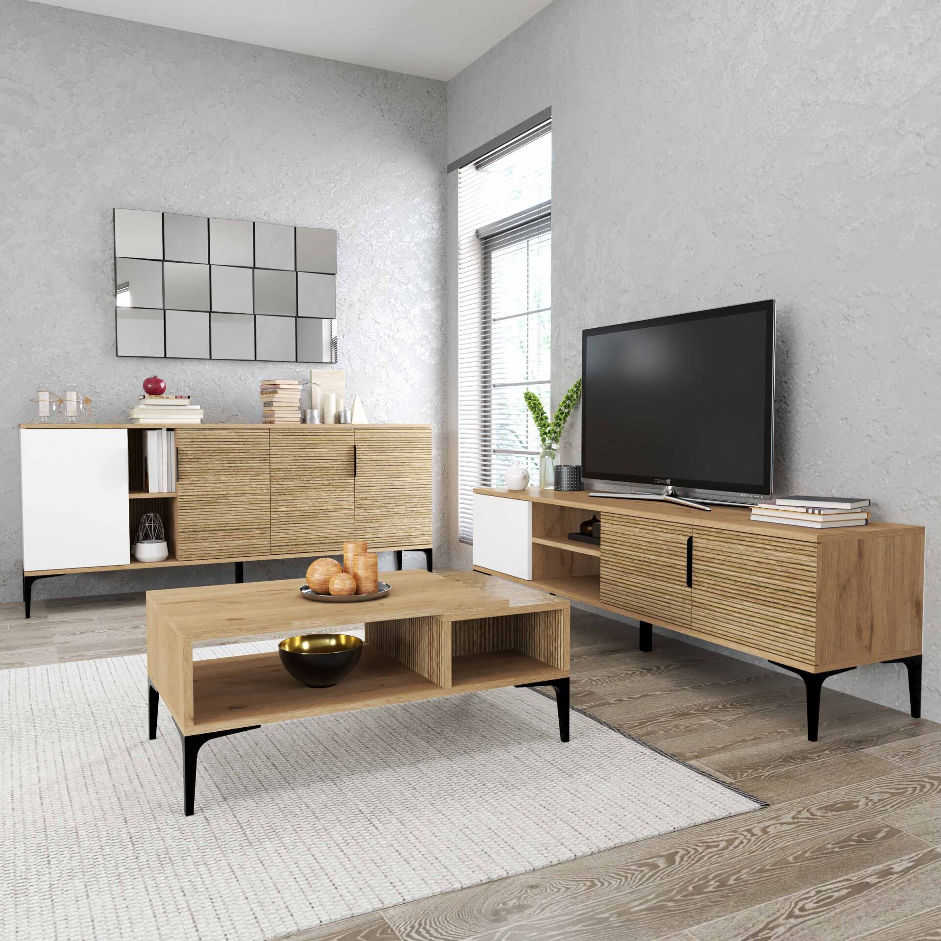 TARZ TV ÜNİTESİ 180 CM-ORTA SEHPA-KONSOL 180 CM 3'LÜ SET YUNUS BEYAZ RENGİ