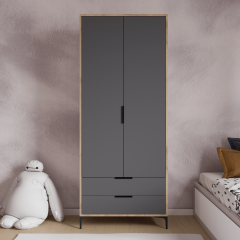 Aden 2 Kapaklı Çekmeceli Full Antrasit Gardırop, Elbise Dolabı, Çocuk Odası